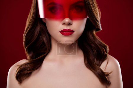 Photo for Photo of cool confident woman nude shoulders red plastic eyewear isolated maroon color background. - Royalty Free Image
