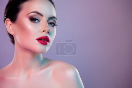 Photo for Photo of sweet shiny lady naked shoulders red lips empty space isolated purple color background. - Royalty Free Image