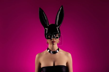 Photo for Photo of fashionable lady girfriend dating on valentine day in bunny costume pink background. - Royalty Free Image
