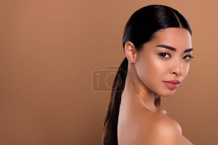 Photo for Profile side photo of lovely nude girl clear pore uplift effect mask empty space over beige pastel color background. - Royalty Free Image