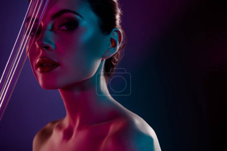 Photo for Photo of pretty adorable lady naked shoulders apply crio massage sticks empty space isolated purple color background. - Royalty Free Image