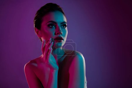 Photo for Photo of shiny thoughtful lady naked shoulders arms touching lips empty space isolated purple color background. - Royalty Free Image