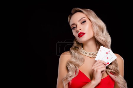 Photo for Photo of classy lady in night club vegas playing poker winning million dollar jackpot over dark color background. - Royalty Free Image