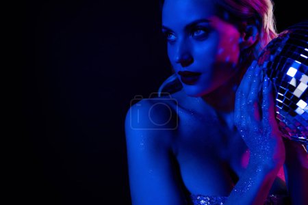 Photo for Close up photo of classy girlfriend look empty space dj on futuristic private vip party over neon background. - Royalty Free Image