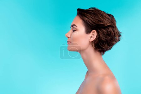 Photo for Photo of happy lady enjoy applying new gel for soft skin rejuvenation effect over empty space green background. - Royalty Free Image