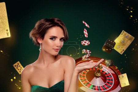 Photo for Creative banner collage elegant stylish woman hold hand poker chips tokens looking golden cards roll dice background. - Royalty Free Image