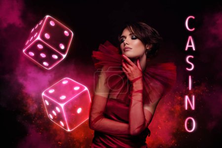 Téléchargez les photos : Bannière créative collage debout jeune femme charmante promo casino jeu dés jackpot gagnant argent néon. - en image libre de droit