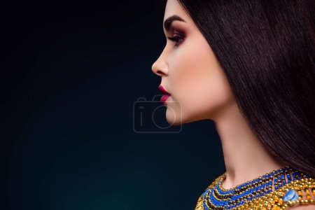 Photo for Photo of stunning lady having theme party cosplay nefertiti character look on black copyspace background. - Royalty Free Image