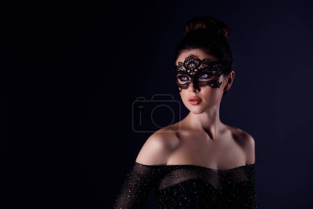 Photo for Photo of stunning lady in gothic masquerade style queen mask at private night party isolated on dark color background. - Royalty Free Image