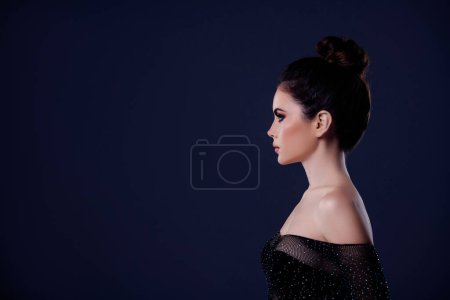 Photo for Side portrait of stunning girlfriend at disco wear seducing dress looking empty space isolated on dark color background. - Royalty Free Image