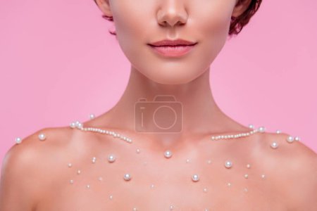 Photo for Cropped photo of stunning gorgeous lady buying expensive 8 march gift in jewel store try pearl accessory. - Royalty Free Image