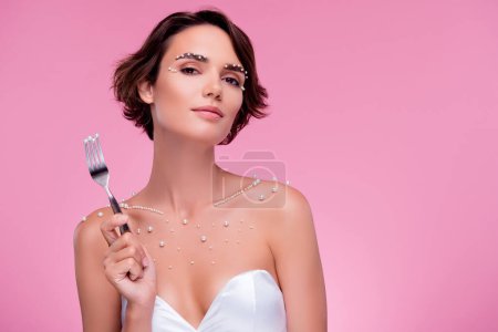 Photo for Photo of stunning gorgeous wealthy lady enjoy vogue event in fancy restaurant eating pearls on pink background. - Royalty Free Image