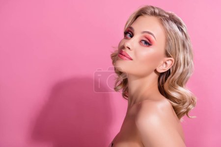 Photo for Professional studio photo of chic lady with girlish look advertising beautician treatment over pastel background. - Royalty Free Image