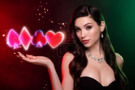 Photo for Collage banner casino gambling win prize jackpot play blackjack beautiful attractive lady jewelry hold arm card symbols. - Royalty Free Image