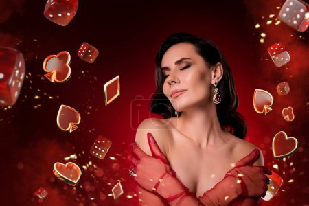 Photo for Creative collage banner elegant stylish young lady closed eyes delighted expression cross arms poker casino player. - Royalty Free Image