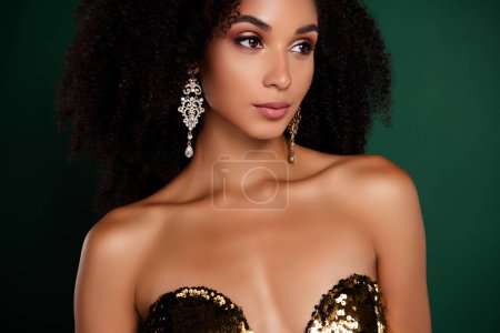 Photo for Photo of chic girl wear expensive jewelry cocktail gown dress on christmas celebration advertise season discounts. - Royalty Free Image