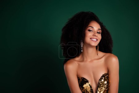 Photo for Photo of joyful lady enjoy vogue cocktail party event celebrate christmas over green color background. - Royalty Free Image