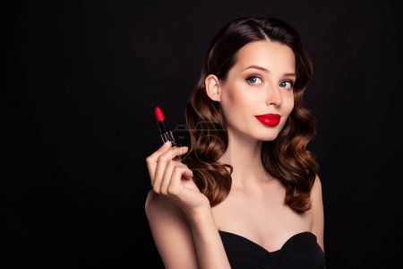 Photo for Photo of rich wealthy lady celebrity recommend new poamde for shiny glossy matte color on black copyspace background. - Royalty Free Image