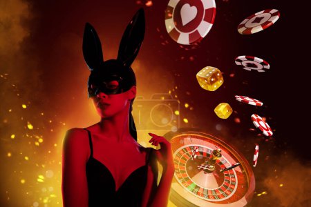 Téléchargez les photos : Collage créatif lapin attrayant charmant fille jouer casino jeu jackpot roulette roulette dés lapin oreilles masque robe. - en image libre de droit