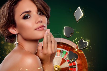 Photo for Collage photo illustration charming young lady touching chin roulette casino cards symbols jackpot background. - Royalty Free Image