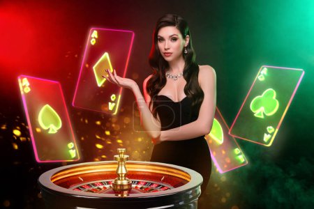 Photo for Creative collage banner photo charming young lady stand over roulette table casino game win jackpot cards blackjack. - Royalty Free Image
