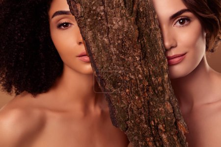Téléchargez les photos : Photo de deux jolies filles cachent écorce d'arbre mystique conte de fées nymphes flirt attirer les voyageurs dans les bois. - en image libre de droit