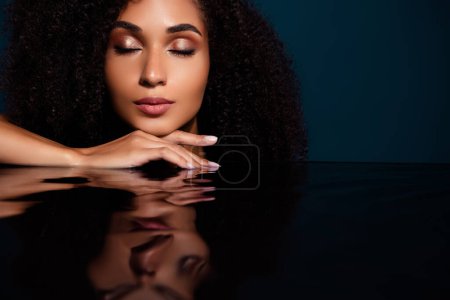 Photo for Gorgeous exotic appearance dreamy lady with closed eyes relaxing in spa salon enjoying procedure hydration for skin. - Royalty Free Image