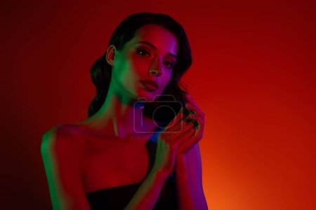 Photo for Photo of hot dream girlfriend lady have date in modern neon discotheque feel flirty on valentine day occasion. - Royalty Free Image