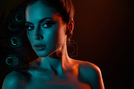 Photo for Photo of hot tempting girl beauty salon model advertising treatment with applying fashion makeover products. - Royalty Free Image