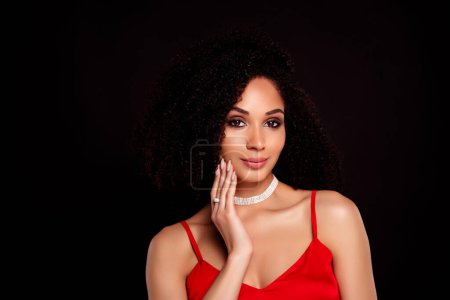 Photo for Photo of pretty charming lady in style dress precious accessories touch attract millionaire guy on vip cocktail party. - Royalty Free Image