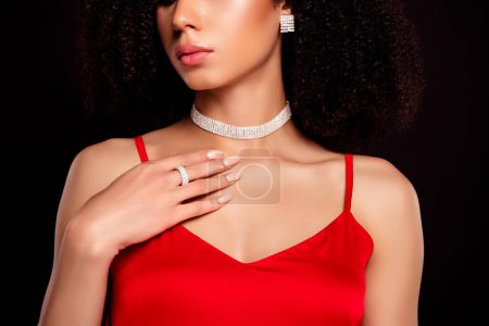 Photo for Cropped photo of attractive lady touch chest enjoy precious jewel presents for birthday advertise jewelry offers. - Royalty Free Image
