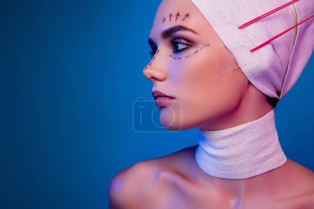 Photo for Photo of charming lady paient in medical bandage look on blue vivid color background empty space have tape tightening. - Royalty Free Image