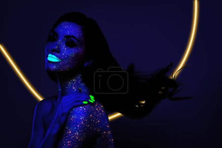 Photo for Collage of peaceful stunning girl hand embrace bare shoulder multicolor light body isolated on creative background. - Royalty Free Image