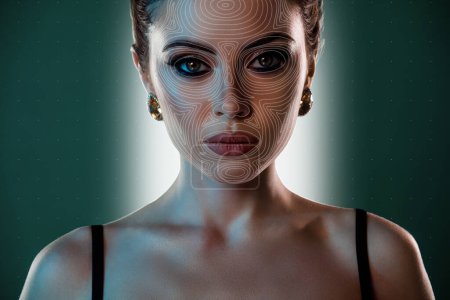 Téléchargez les photos : Modèle abstrait créatif collage de fille attrayante ai scan identification faciale appliquer cosmétiques fond vert. - en image libre de droit