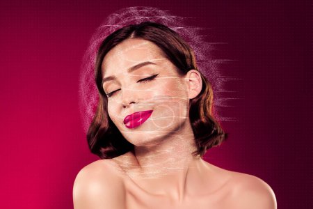 Téléchargez les photos : Collage image 3d du croquis rétro pop pin-up de maquillage attrayant femme fantaisie partie scan visage appareil de beauté peau analysant. - en image libre de droit