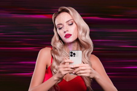 Photo for Collage artwork of young gorgeous stunning woman in red dress using her 3d hologram technology using smartphone. - Royalty Free Image