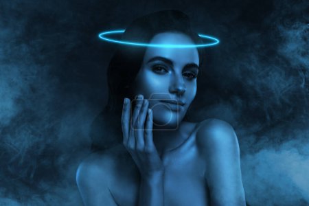Photo for Composite collage image of cool female touch face dark night spa salon witch neon light clubbing cyber technology. - Royalty Free Image