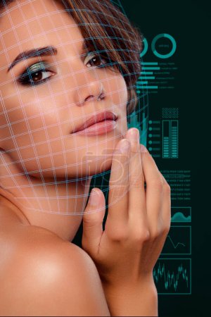 Photo for Vertical creative collage image of adorable girl make up touch face visage scan face beauty device skin analyzing. - Royalty Free Image