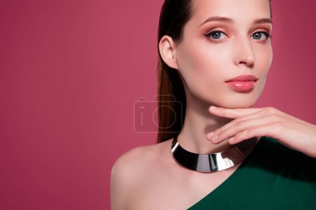 Photo for Photo of gorgeous chic stunning lady touch face have makeover for party applying new modern beauty product. - Royalty Free Image