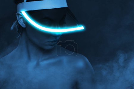 Photo for Creative collage image of cool pretty lady summer vacation trip wear head scarf neon light clubbing cyber technology. - Royalty Free Image