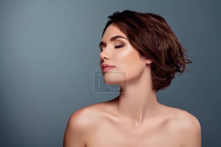 Photo for Photo portrait of lovely young lady closed eyes enjoy spa treatment shoulders off isolated on gray color background. - Royalty Free Image