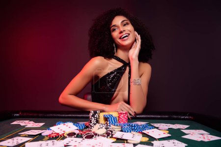 Photo for Photo of happy chic girl on vip party play poker with professional sharks cheat with winning flash royal combination. - Royalty Free Image
