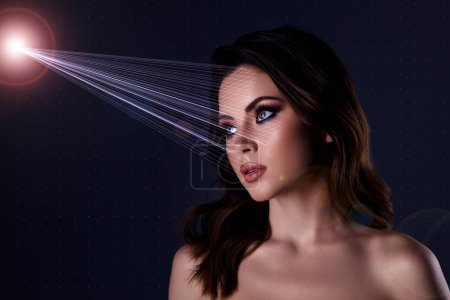 Photo for Creative collage of pretty lovely girl beauty studio salon makeup festive event scan face beauty device skin analyzing. - Royalty Free Image