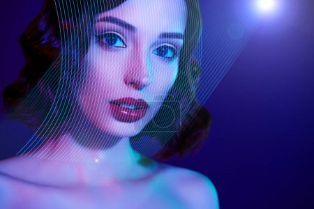Téléchargez les photos : Collage 3D abstrait créatif de dame dans la réalité du cyberespace ont la reconnaissance faciale pour l'accès aux données. - en image libre de droit
