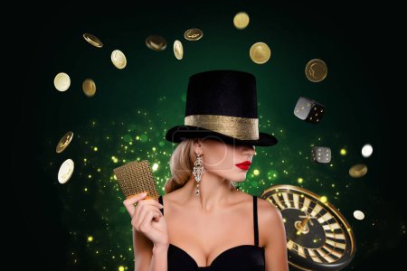 Photo for 3d collage of stunning lady hat dress jewelry hold casino cards chips roulette dice isolated on creative background. - Royalty Free Image