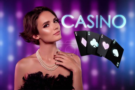 Foto de Imagen creativa collage de encantadora elegante dama casino jugador as cartas combinación aislado en luces de neón fondo. - Imagen libre de derechos