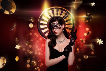 Foto de 3d creativo collage imagen de la hermosa chica con clase guantes máscara joyas casino ruleta rueda fichas. - Imagen libre de derechos