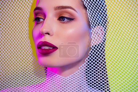 Photo for Photo of alluring chic lady appear from hole net have care in makeup artist for perfect skin body. - Royalty Free Image