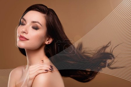 Photo for Creative abstract graphics collage of woman touch body enjoy digital lines innovative skin face care procedure. - Royalty Free Image