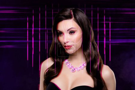 Photo for Creative drawing collage picture of stunning gorgeous rich girl face scan high tech neon light pink gemstone background. - Royalty Free Image